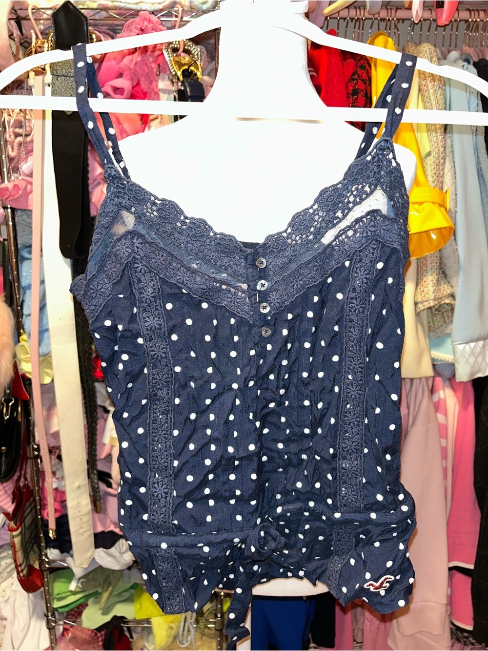 Hollister Navy Polka Dot Lace-Trim Cami Top